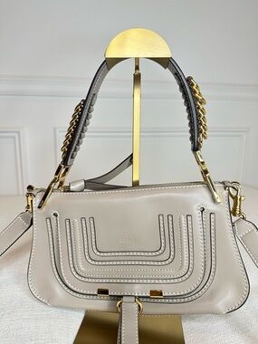 Chloé Soft Gray Marcie Small Leather Shoulder Bag with Gold Hardware